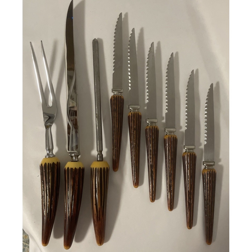 Vintage Sheffield Stainless Steel & Bakelite Meat Carving & Knife Set Antler
